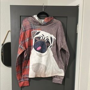 Pug Graphic Hoodie with Plaid Sleeves